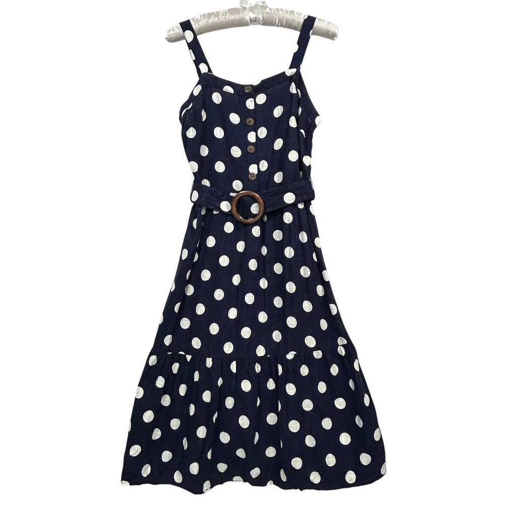 Monteau Los Angeles Linen Midi Dress Large Navy White Polka Dots Tiered Coastal